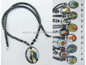 Hematite Pendant Religious Icon Necklace Assorted Icon 18inch